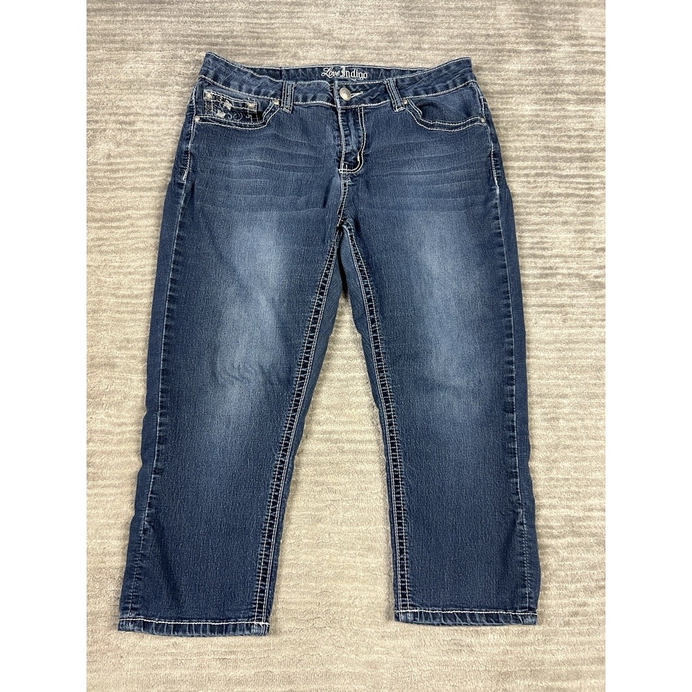 Love Indigo Jeans Womens 10 Blue Thick Stitch Embroidered Back Flap Cropped